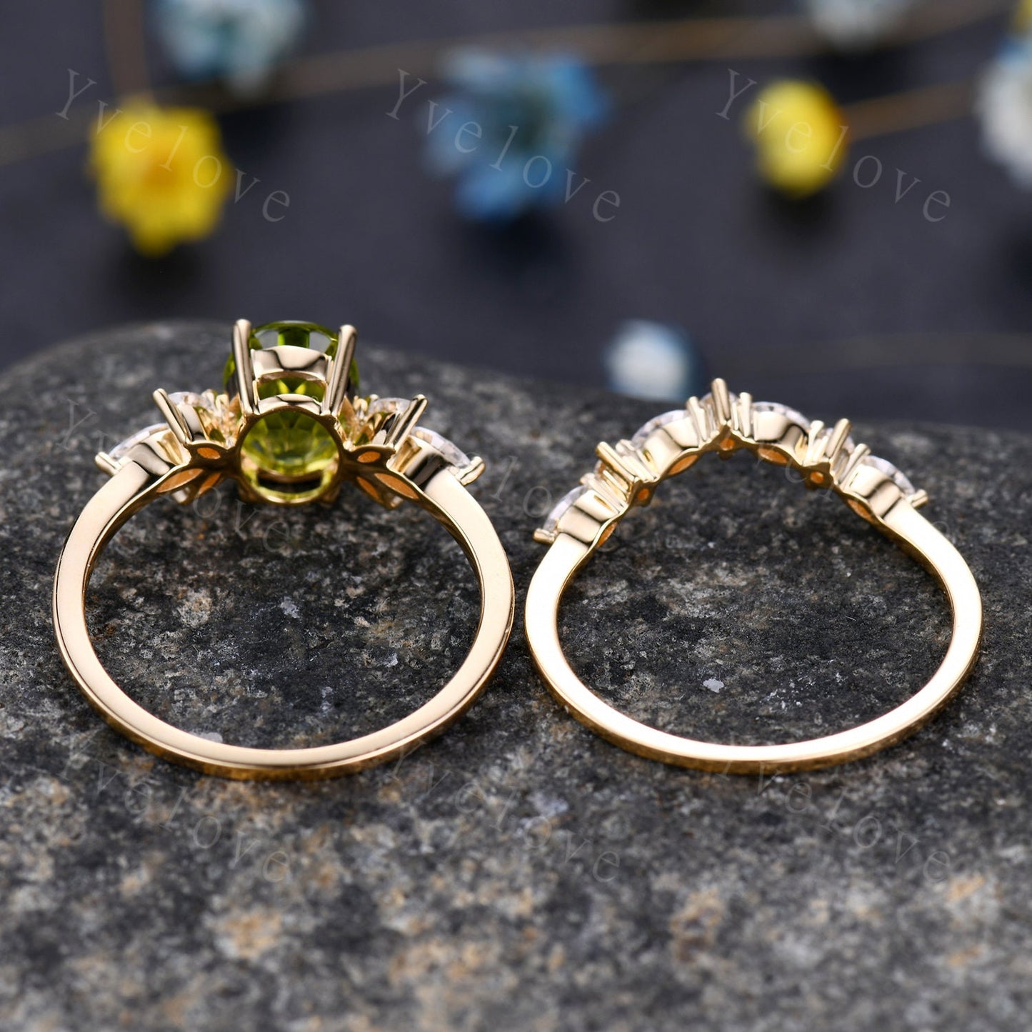 Peridot ring, yellow gold engagement ring set, oval peridot engagement ring, moissanite matching band, eternity stacking band, bridal set