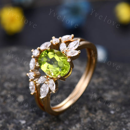 Peridot ring, yellow gold engagement ring set, oval peridot engagement ring, moissanite matching band, eternity stacking band, bridal set