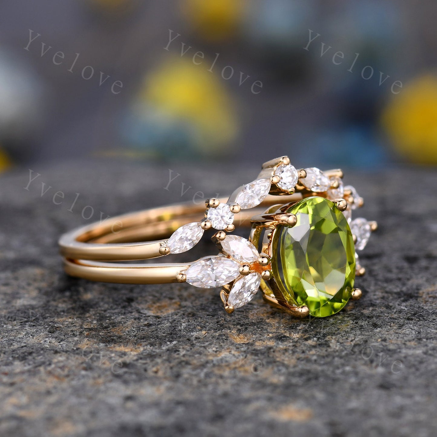 Peridot ring, yellow gold engagement ring set, oval peridot engagement ring, moissanite matching band, eternity stacking band, bridal set