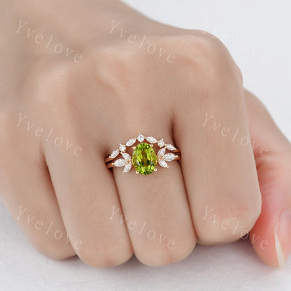 Peridot ring, yellow gold engagement ring set, oval peridot engagement ring, moissanite matching band, eternity stacking band, bridal set