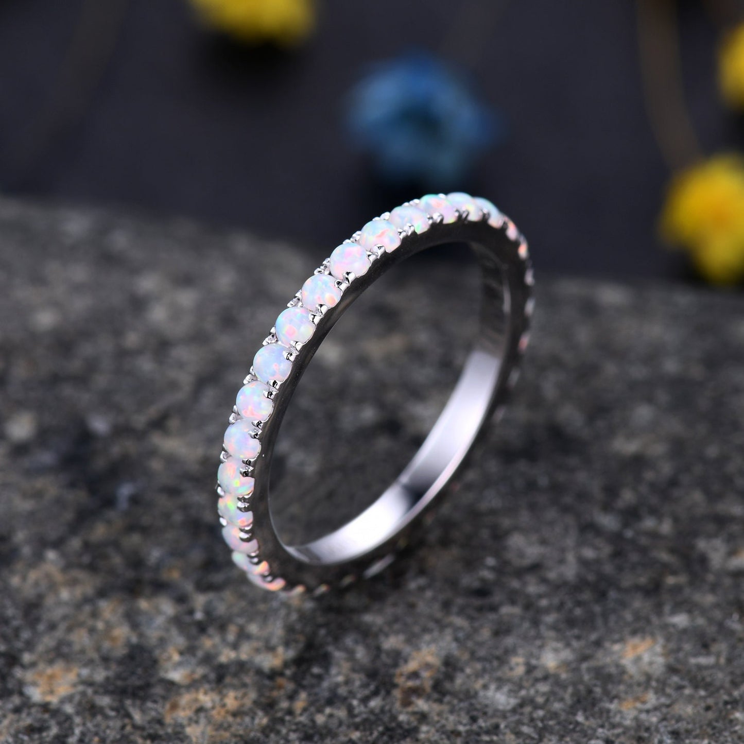 1.5mm Opal Ring,Opal Wedding Band,14K White Gold,Full Eternity Band,Stacking Ring,Matching Band,Promise Ring,Anniversary,Gift for Women