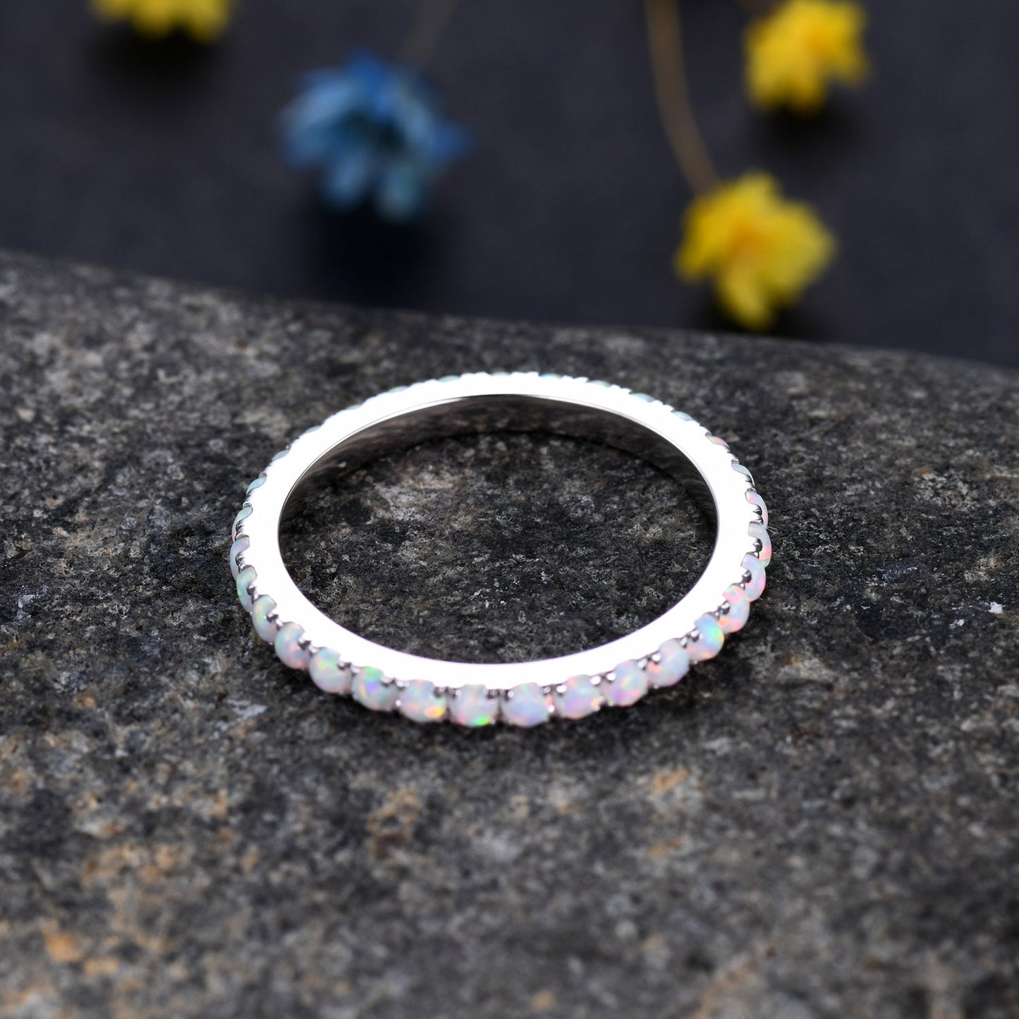 1.5mm Opal Ring,Opal Wedding Band,14K White Gold,Full Eternity Band,Stacking Ring,Matching Band,Promise Ring,Anniversary,Gift for Women
