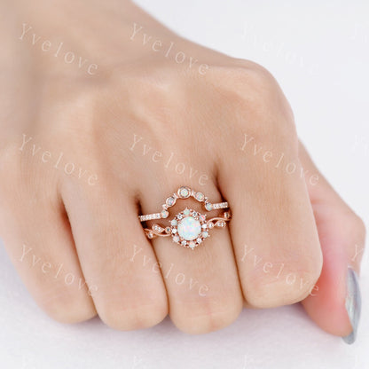 Dainty Opal Engagement Ring Set Rose Gold Diamond Opal Matching Band For Women Stacking Bridal Wedding Ring Set Birthstone Promise Jewelry