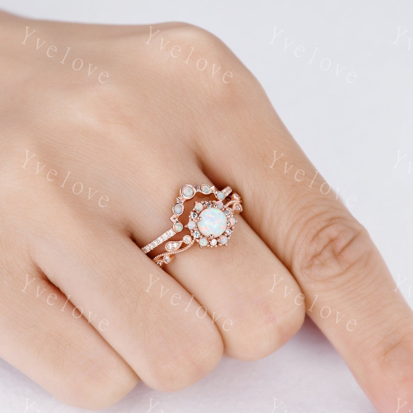 Dainty Opal Engagement Ring Set Rose Gold Diamond Opal Matching Band For Women Stacking Bridal Wedding Ring Set Birthstone Promise Jewelry