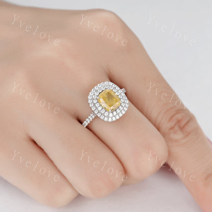 Doule halo Citrine engagement ring 14k white gold Emerald cut yellow citrine wedding ring diamond band November birthstone anniversary ring