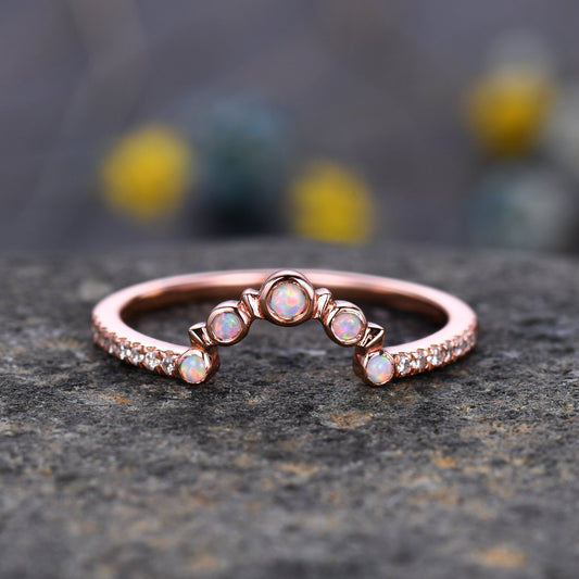 2mm Opal Engagement Ring,Opal Wedding Band,14K Rose Gold,Wedding Band,Stacking Ring,Matching Band,Promise Ring,Anniversary,Gift for Women