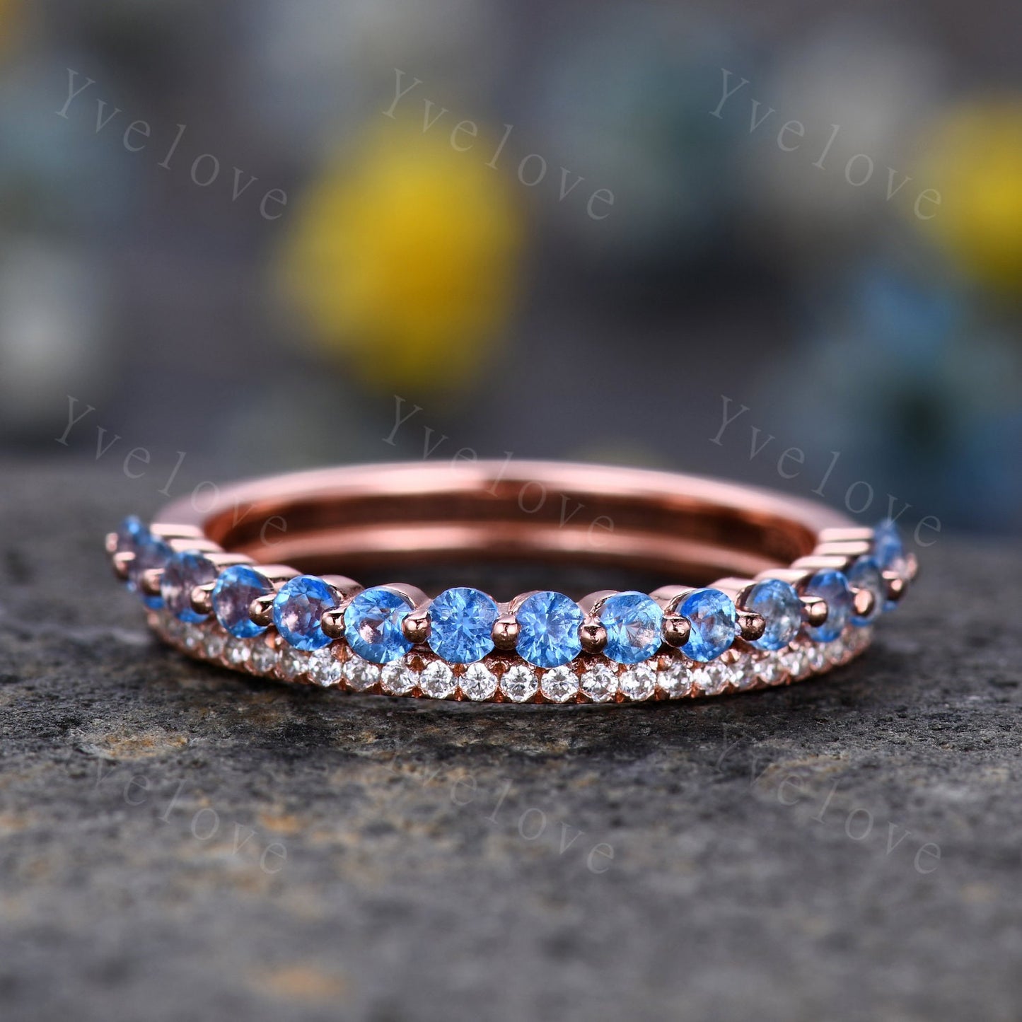 Geniune Swiss Blue Topaz Engagemnt Ring ,Topaz Wedding Band, Blue Gemstone Ring,Half Eternity Wedding Ring, December Birthstone, Gold Band