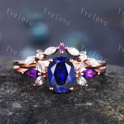 Oval Cut Purple Amethyst Bridal Ring Set,Moissanite Amethyst Wedding 2 Ring Set,Bridal Ring with Curved Wedding Band,Color Engagement Ring