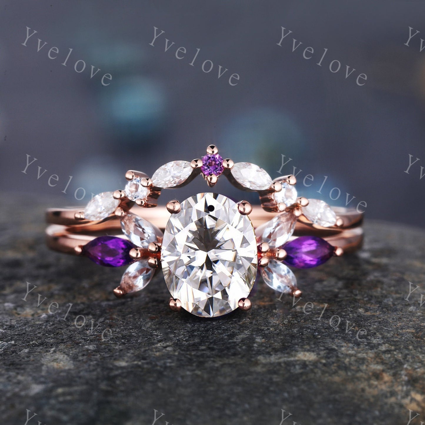 Oval Cut Purple Amethyst Bridal Ring Set,Moissanite Amethyst Wedding 2 Ring Set,Bridal Ring with Curved Wedding Band,Color Engagement Ring