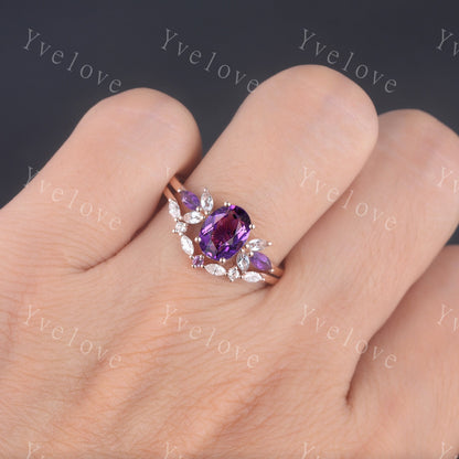 Oval Purple Amethyst Bridal Ring Set,Moissanite Amethyst Wedding Ring Set,White gold,Bridal Ring Curved Wedding Band,Color Engagement Ring