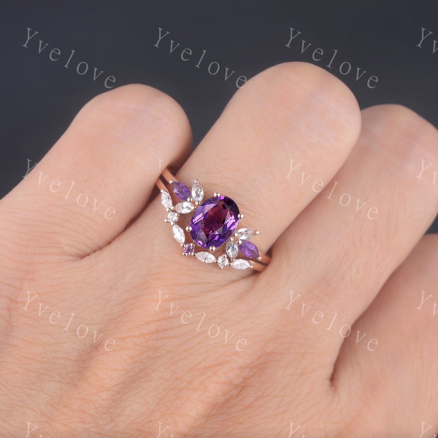 Oval Cut Purple Amethyst Bridal Ring Set,Moissanite Amethyst Wedding 2 Ring Set,Bridal Ring with Curved Wedding Band,Color Engagement Ring