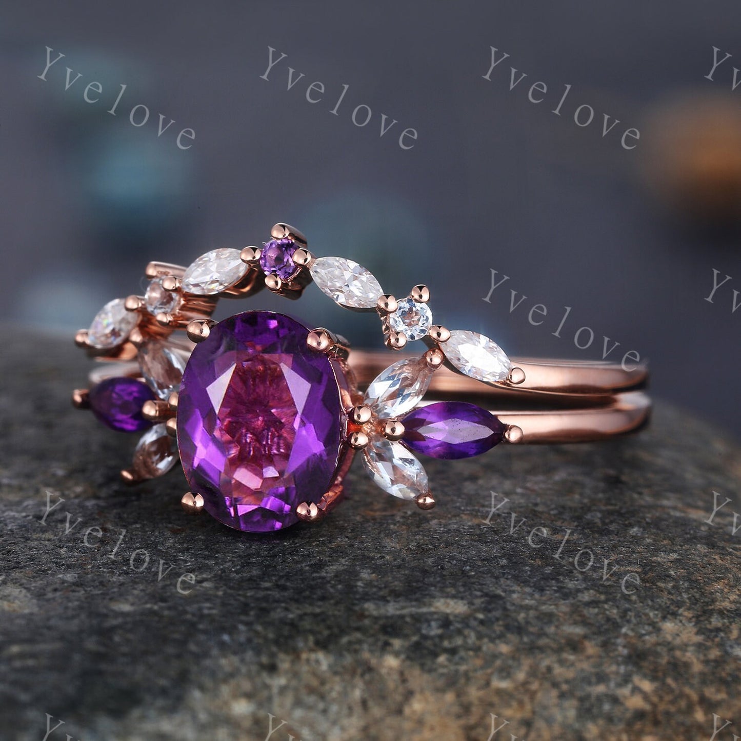 Oval Cut Purple Amethyst Bridal Ring Set,Moissanite Amethyst Wedding 2 Ring Set,Bridal Ring with Curved Wedding Band,Color Engagement Ring