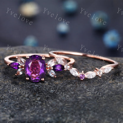 Oval Cut Purple Amethyst Bridal Ring Set,Moissanite Amethyst Wedding 2 Ring Set,Bridal Ring with Curved Wedding Band,Color Engagement Ring