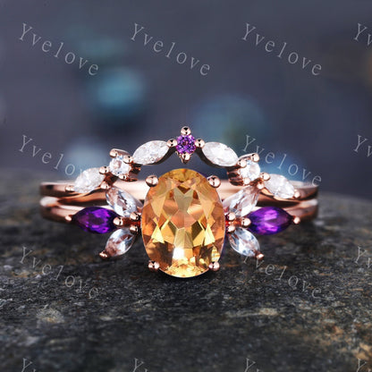 Vintage Moss Agate engagement ring set Pear shaped women rose gold marquise amethyst engagement ring unique curved wedding band Bridal ring