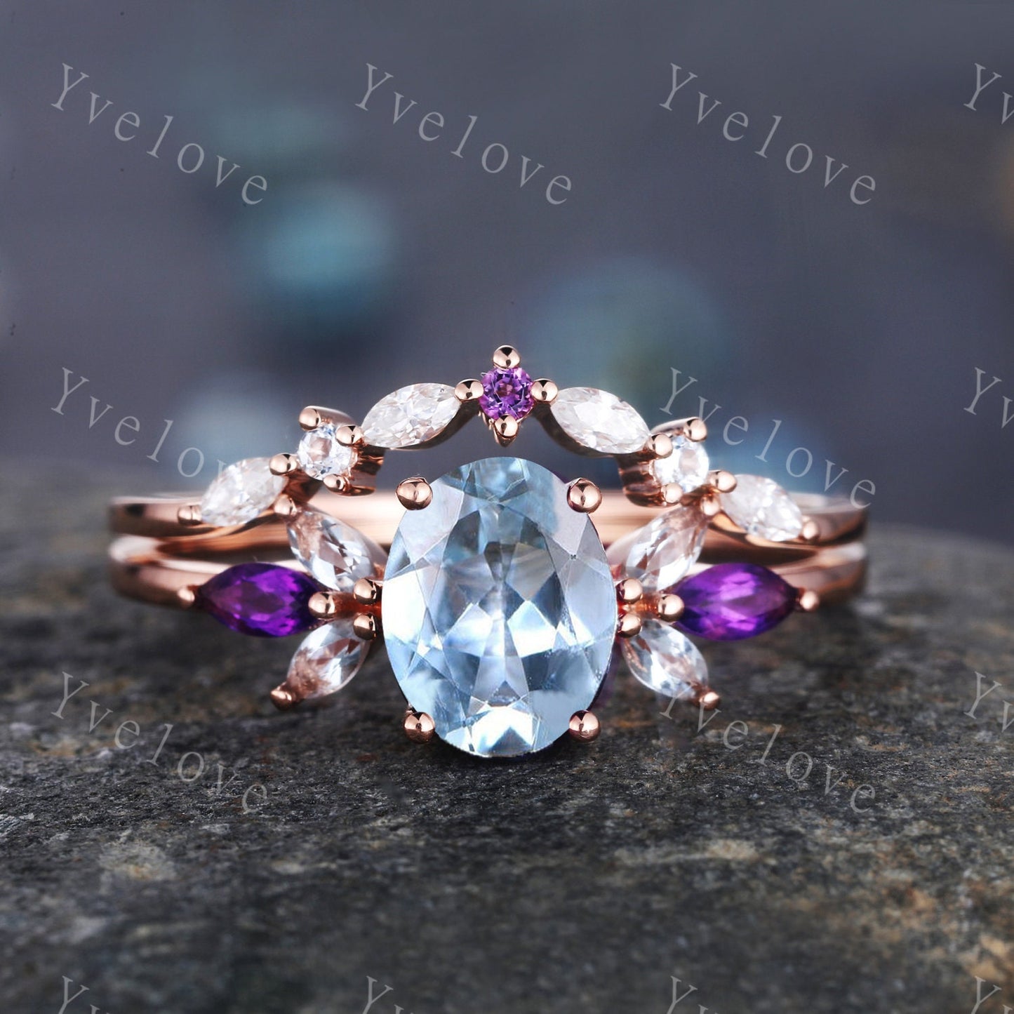 Vintage Moss Agate engagement ring set Pear shaped women rose gold marquise amethyst engagement ring unique curved wedding band Bridal ring