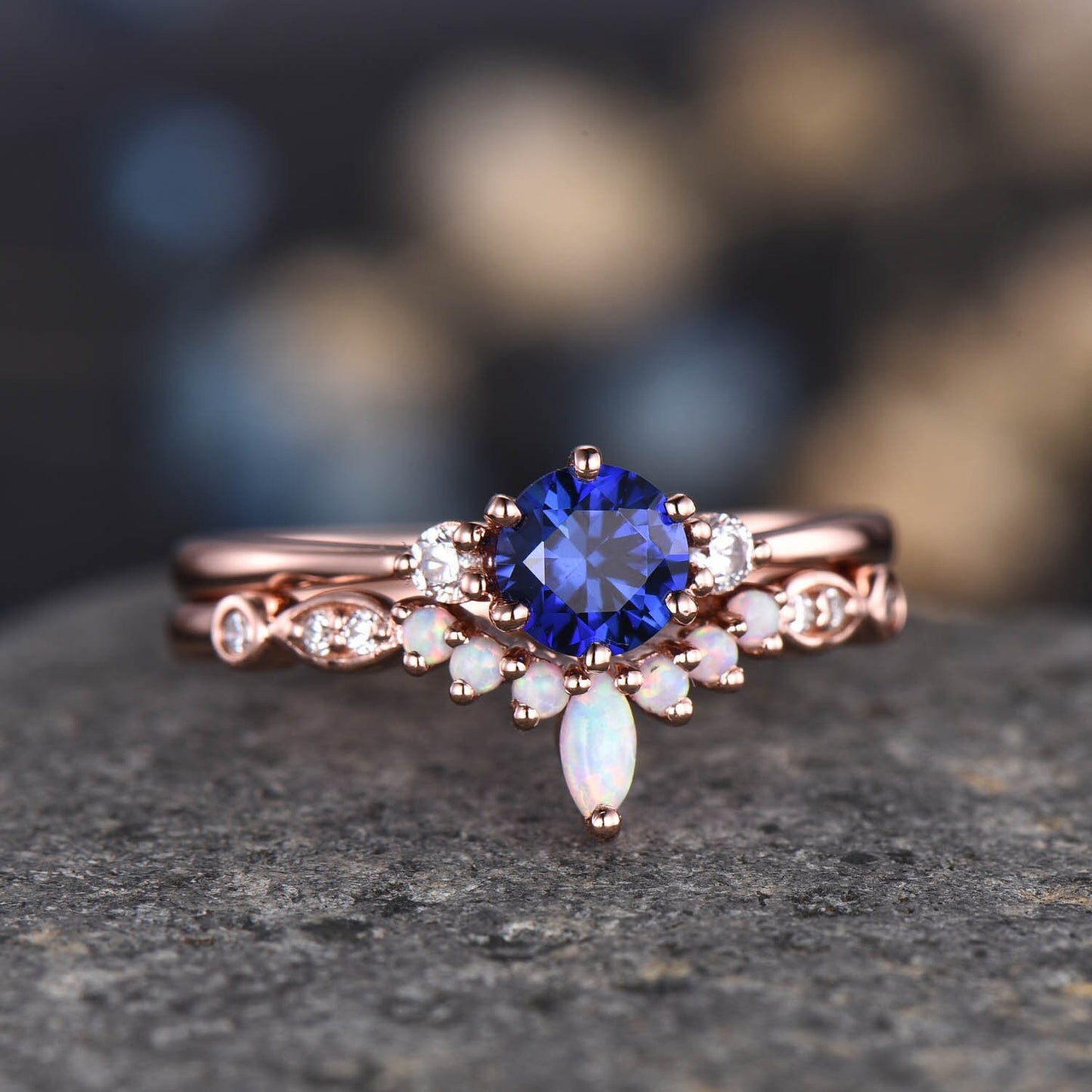 Curved Wedding Band Rose Gold Women Marquise Cut Diamond Opal Ring Unique Jewelry Stacking Matching Anniversary Gifts September Birthstone