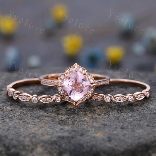 7mm Cushion Cut Morganite Engagement Ring Set,3 pcs Art Deco Morganite Wedding Ring,Diamond Stacking Bands,Bridal Ring Set,Anniversary Gift