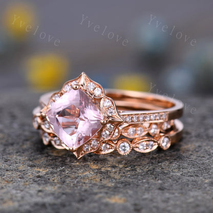 7mm Cushion Cut Morganite Engagement Ring Set,3 pcs Art Deco Morganite Wedding Ring,Diamond Stacking Bands,Bridal Ring Set,Anniversary Gift