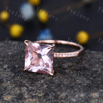 Morganite ring rose gold engagement ring diamond thin band 10mm princess cut big morganite natural vs stone 14k ring anniversary gift