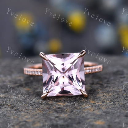 Morganite ring rose gold engagement ring diamond thin band 10mm princess cut big morganite natural vs stone 14k ring anniversary gift