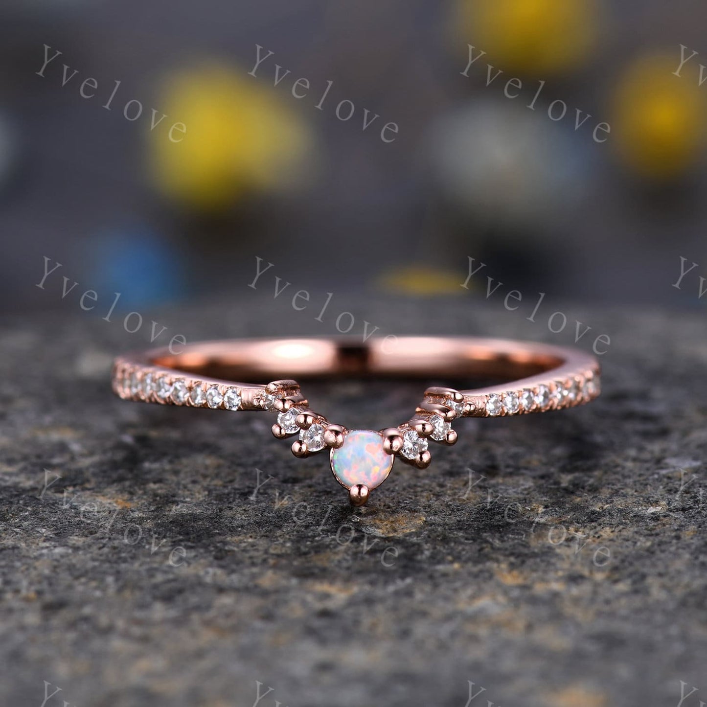 White Opal Stacking Band,Opal Wedding Ring, Curved Matching Band, Dainty Opal Ring,White Opal and Diamond Ring, 14K Rose Gold Opal Ring Set