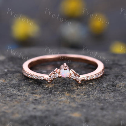 White Opal Stacking Band,Opal Wedding Ring, Curved Matching Band, Dainty Opal Ring,White Opal and Diamond Ring, 14K Rose Gold Opal Ring Set