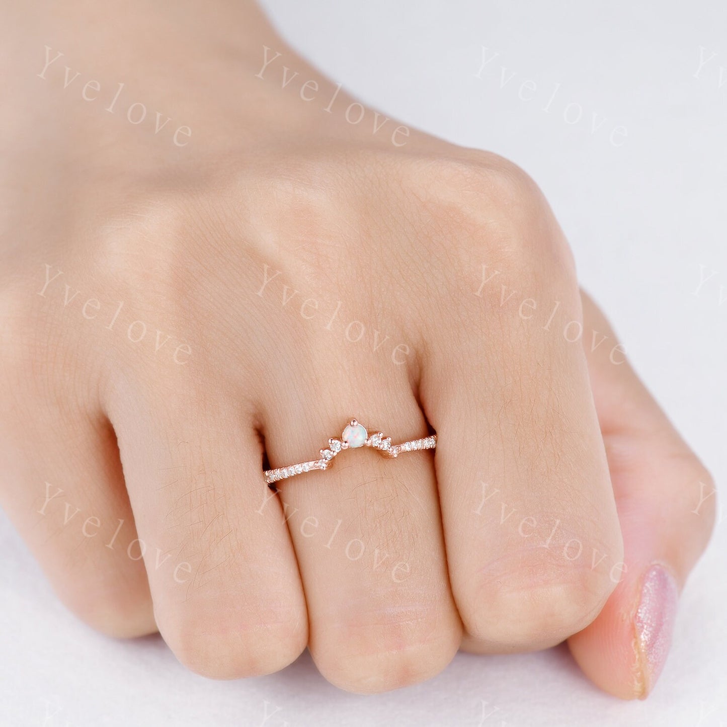 White Opal Stacking Band,Opal Wedding Ring, Curved Matching Band, Dainty Opal Ring,White Opal and Diamond Ring, 14K Rose Gold Opal Ring Set