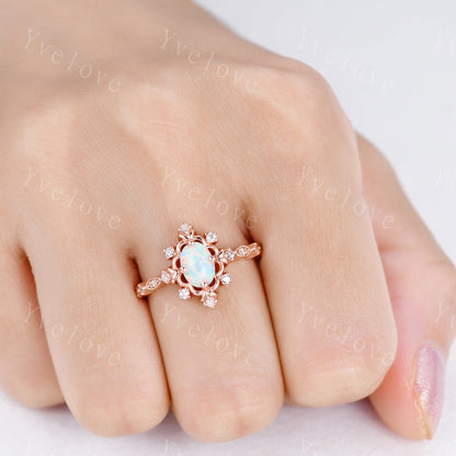 Vintage Opal Ring 14K Rose Gold Engagement Ring Promise Ring October Birthstone Diamond Ring Elegant Anniversary Birthday Gift For Mom Her