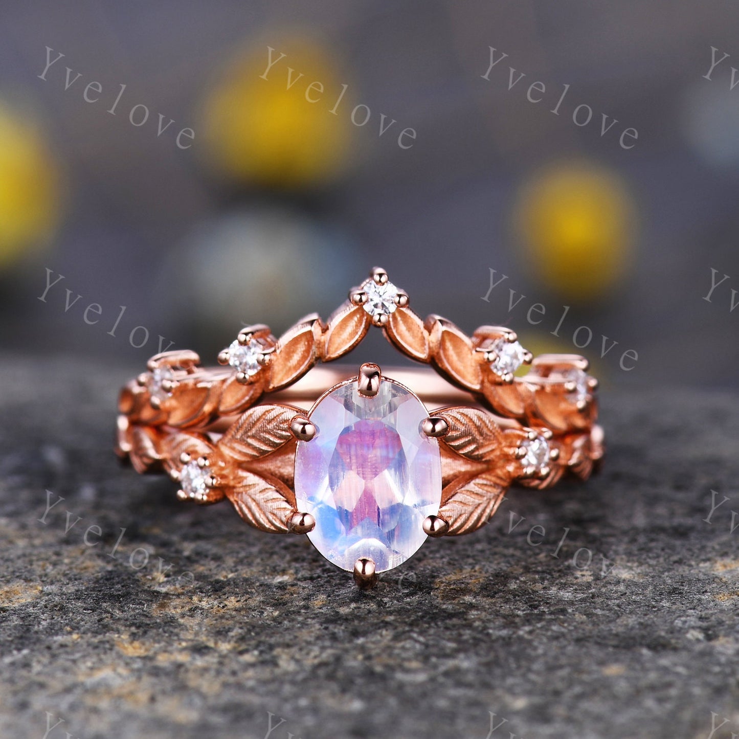 Rainbow Moonstone Engagement Ring Set Rose Gold Bridal Antique Floral Moonstone Diamond Ring Art Deco Curved Stacking Band  Birthday Gift