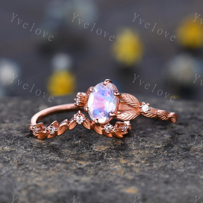 Rainbow Moonstone Engagement Ring Set Rose Gold Bridal Antique Floral Moonstone Diamond Ring Art Deco Curved Stacking Band  Birthday Gift