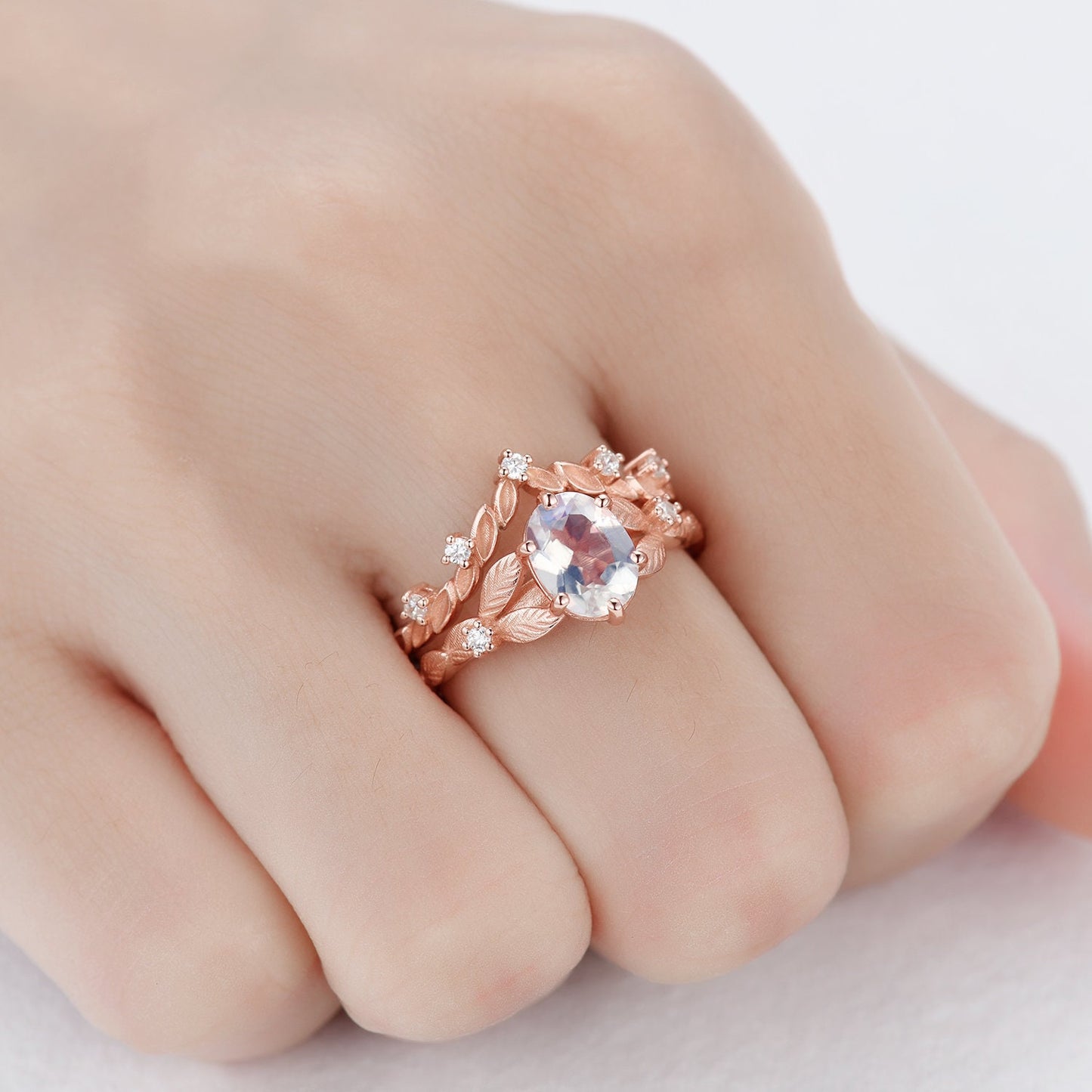 Rainbow Moonstone Engagement Ring Set Rose Gold Bridal Antique Floral Moonstone Diamond Ring Art Deco Curved Stacking Band  Birthday Gift