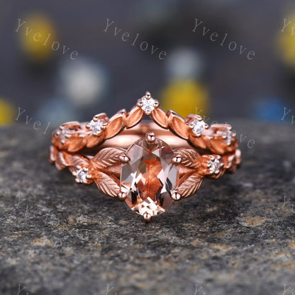 Oval Morganite Engagement Ring Set Art Deco Morganite Engagement Ring Vintage Floral Wedding Rings Antique Bridal Promise Ring Gift for her