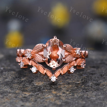 Oval Morganite Engagement Ring Set Art Deco Morganite Engagement Ring Vintage Floral Wedding Rings Antique Bridal Promise Ring Gift for her