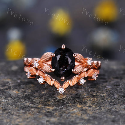 Vintage black rutilated quartz engagement ring 14k rose gold kite cut ring art deco moissanite ring for women unique bridal wedding ring set