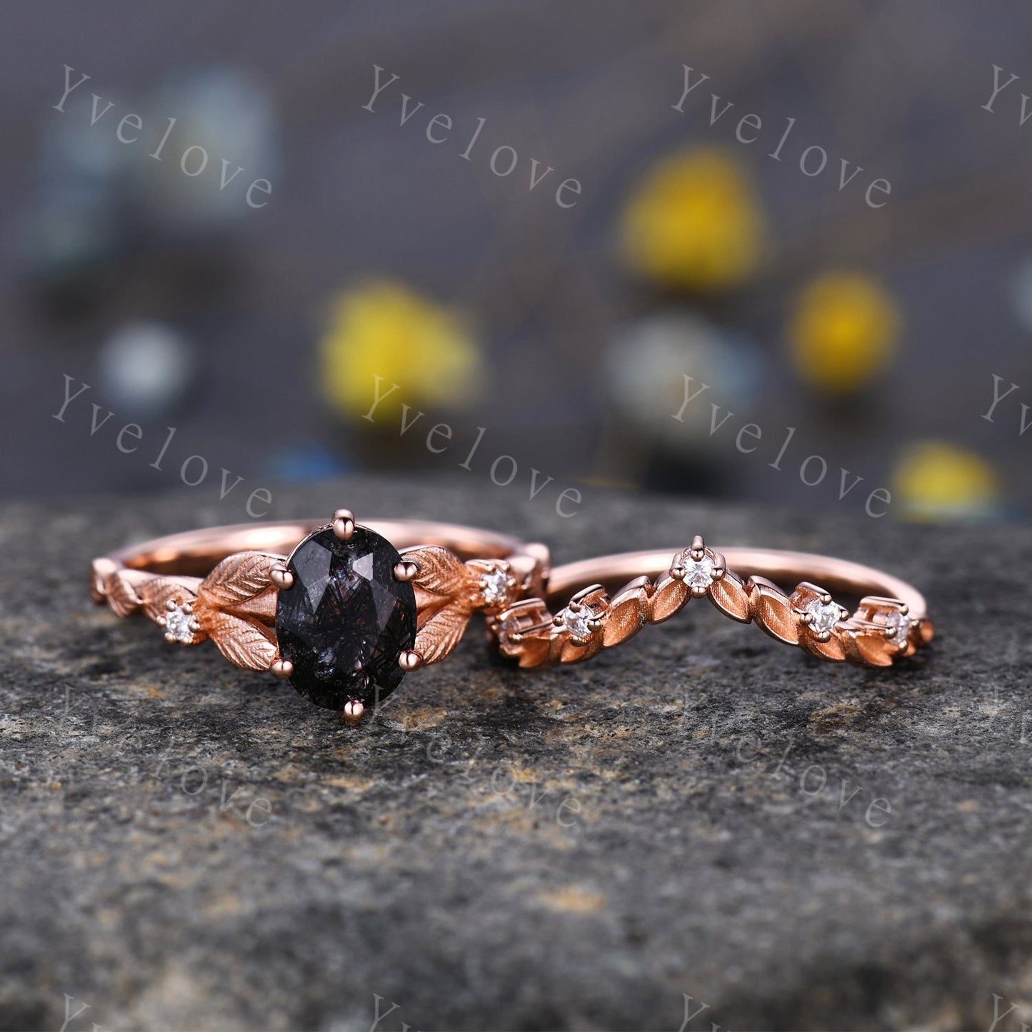 Vintage black rutilated quartz engagement ring 14k rose gold kite cut ring art deco moissanite ring for women unique bridal wedding ring set