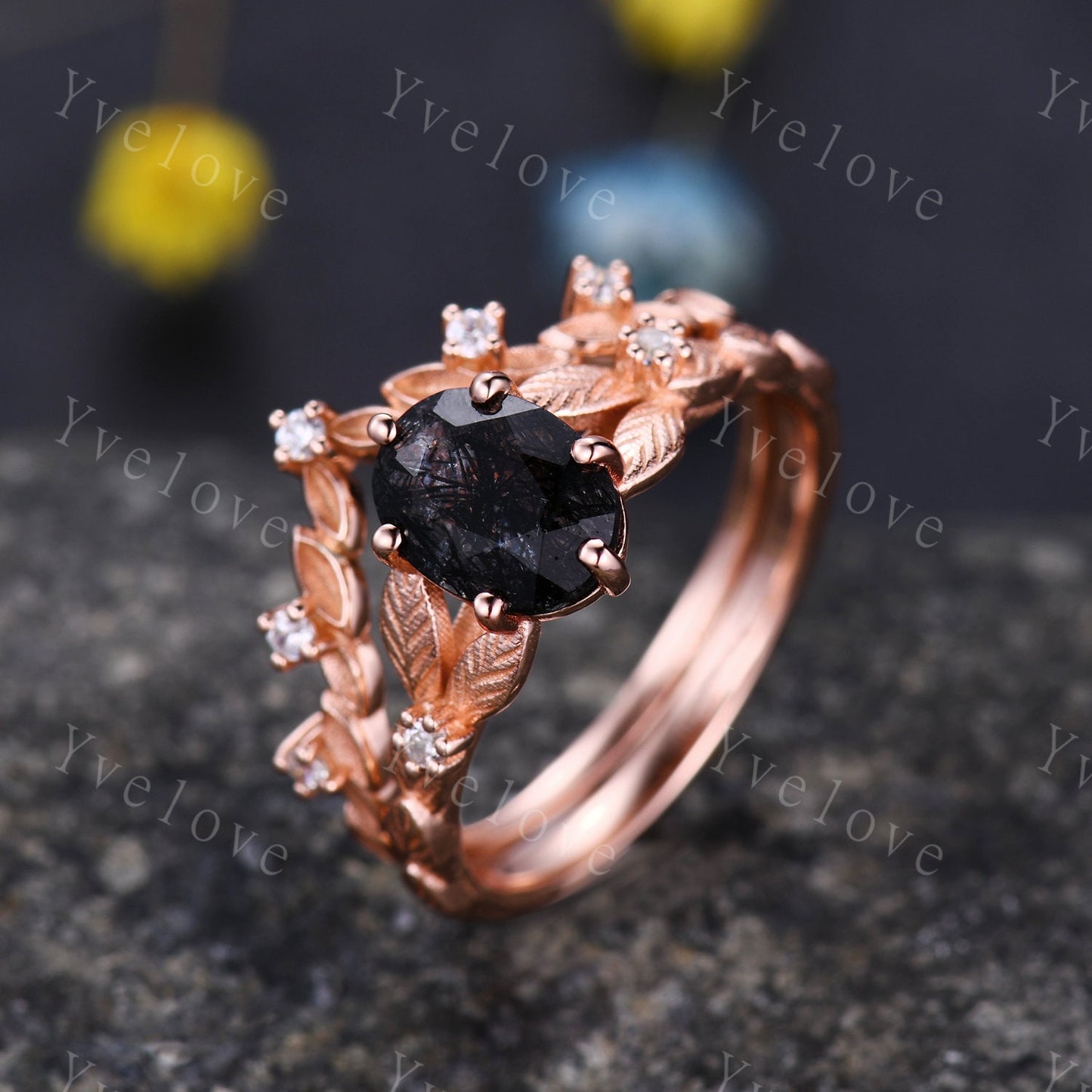 Vintage black rutilated quartz engagement ring 14k rose gold kite cut ring art deco moissanite ring for women unique bridal wedding ring set