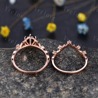 Vintage black rutilated quartz engagement ring 14k rose gold kite cut ring art deco moissanite ring for women unique bridal wedding ring set