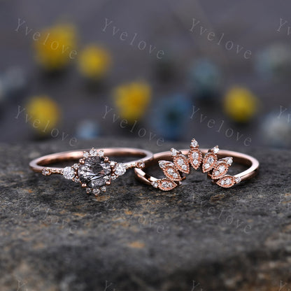 Black rutilated quartz engagement ring set women rose gold diamond moissanite matching band vintage floral stacking promise jewelry