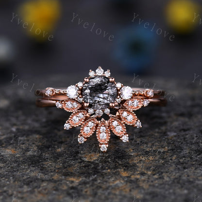 Black rutilated quartz engagement ring set women rose gold diamond moissanite matching band vintage floral stacking promise jewelry