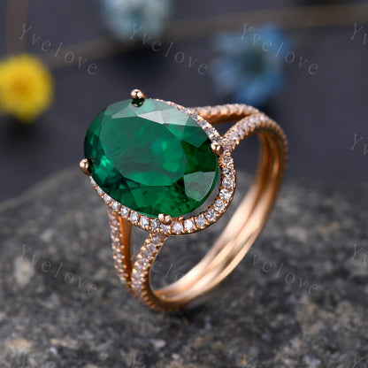 10x14mm Emerald Engagement Ring Diamond Wedding Band Oval Emerald Gemstone Women Bridal Ring Split Shank Statement Ring Anniversary Ring