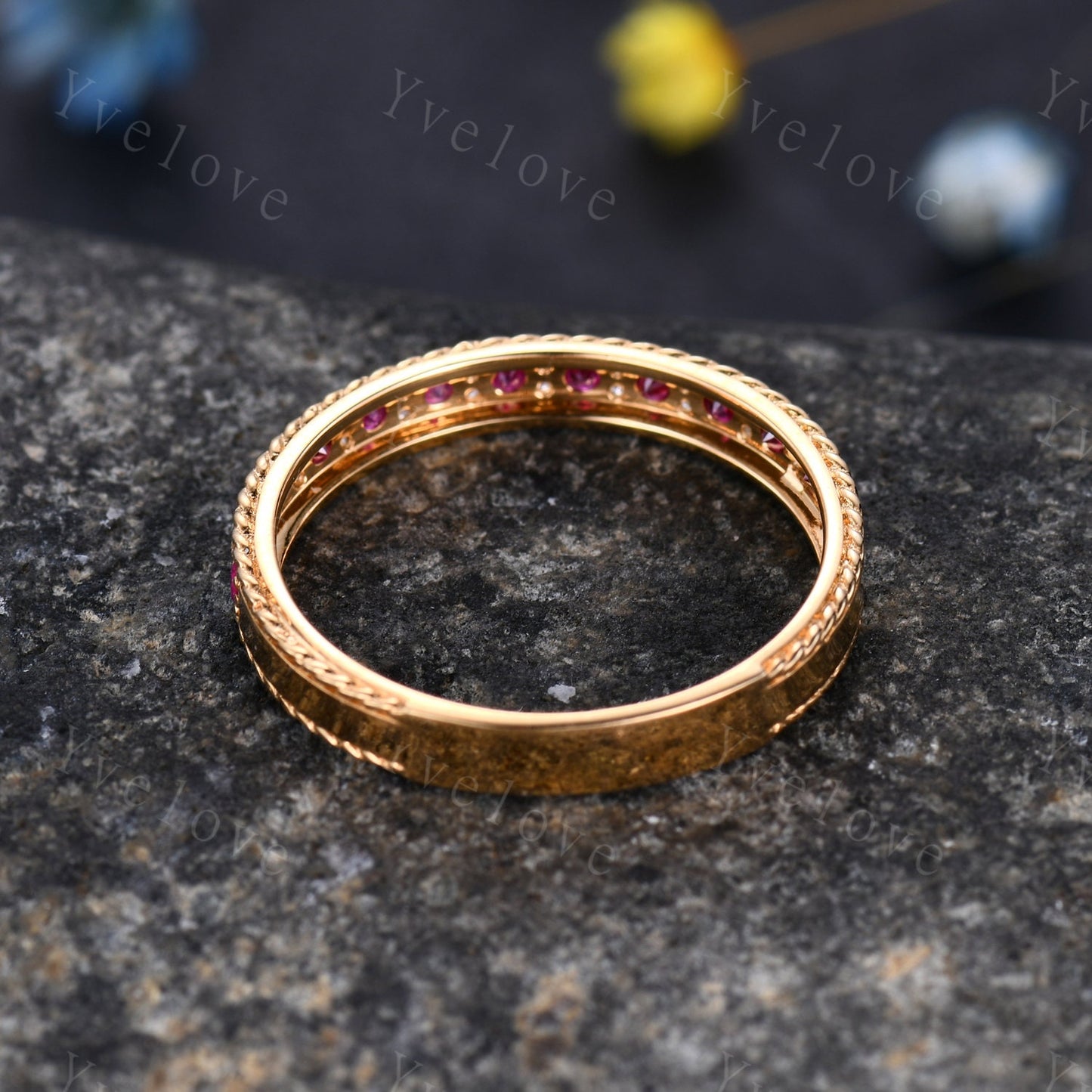 Custom rose gold ruby wedding band 3/4 eternity ruby diamond ring milgrain natural birthstone 14k solid gold anniversary ring Chirstmas gift