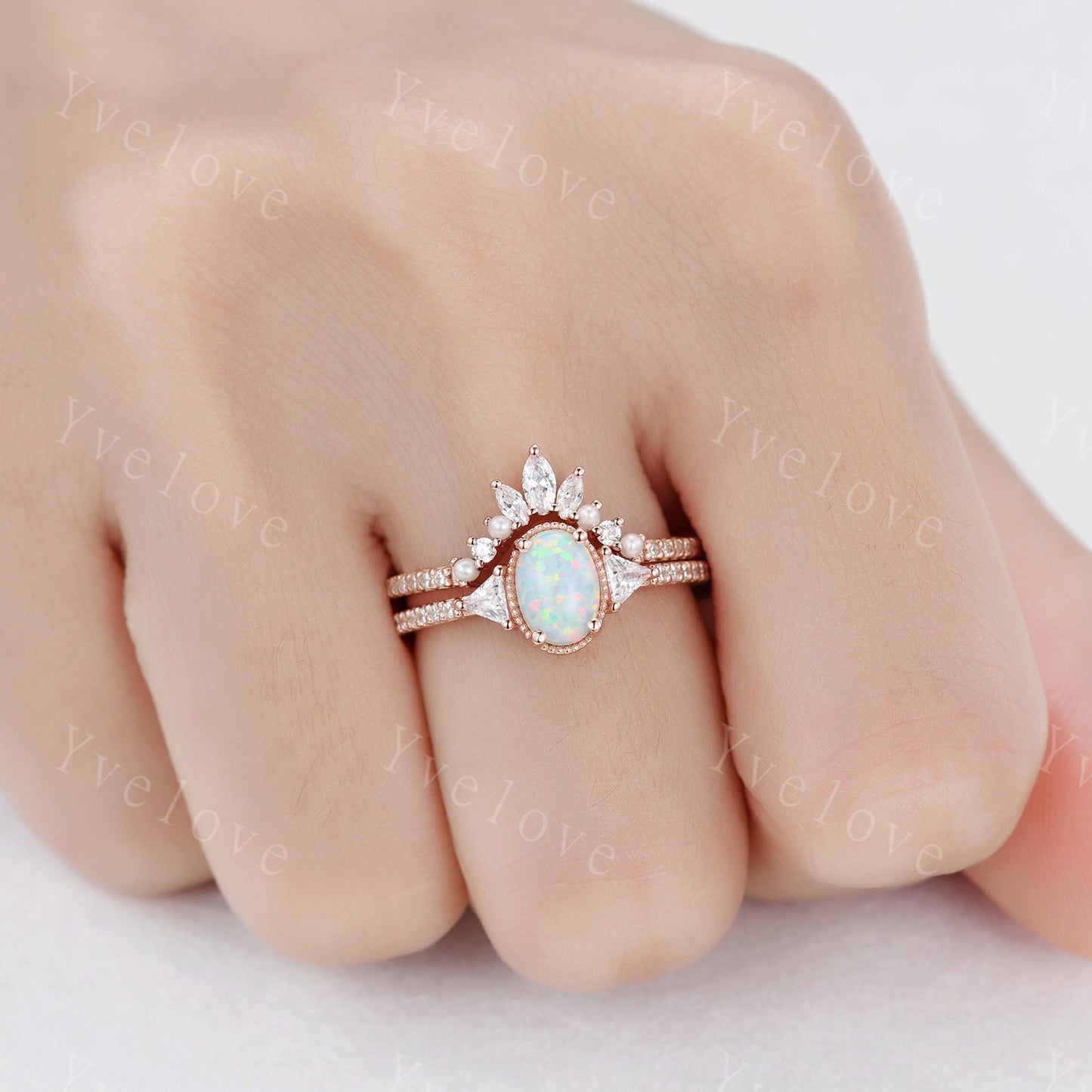 White Opal Engagement Ring Set,Three Stone Ring,Side Triangle Ring,Rose Gold Rings for Women, Unique Curved Pearl Wedding Band, Handmade