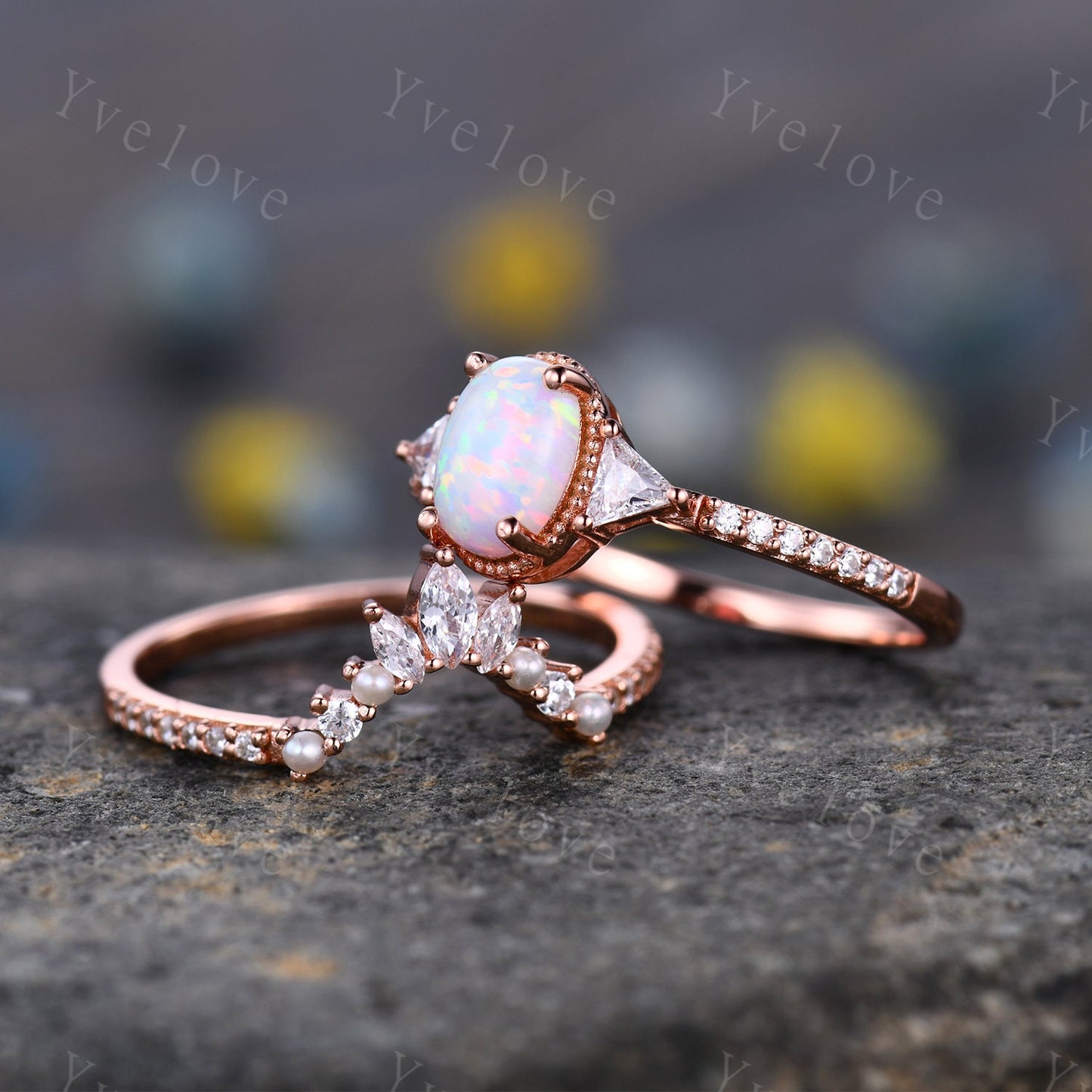 White Opal Engagement Ring Set,Three Stone Ring,Side Triangle Ring,Rose Gold Rings for Women, Unique Curved Pearl Wedding Band, Handmade