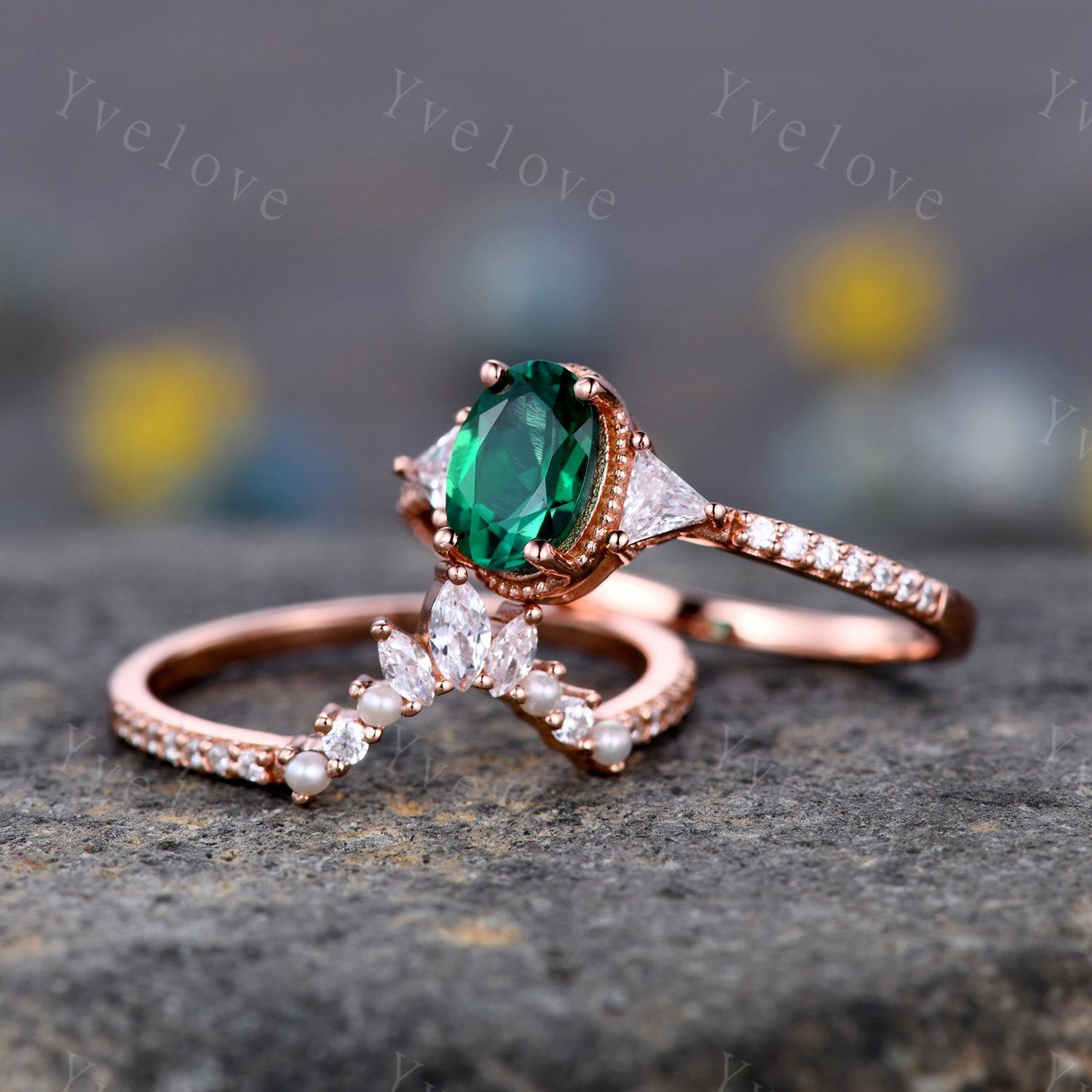 Vintage Oval Emerald Engagement Ring Set,Triangle Moissanite Ring,Rose Gold Marquise Women Wedding Band,Bridal Set,Promise ring Anniversary