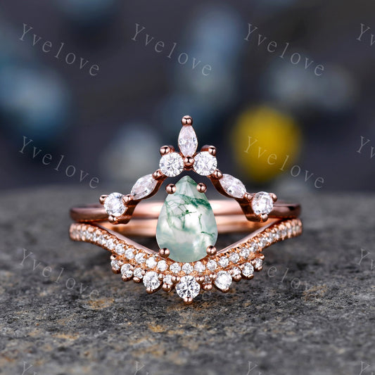 Pear Cut Moss Agate Engagement Ring Set Elegant Wedding Ring Set Marquise stacking wedding band Unique Vintage Bridal Set Anniversary Gift