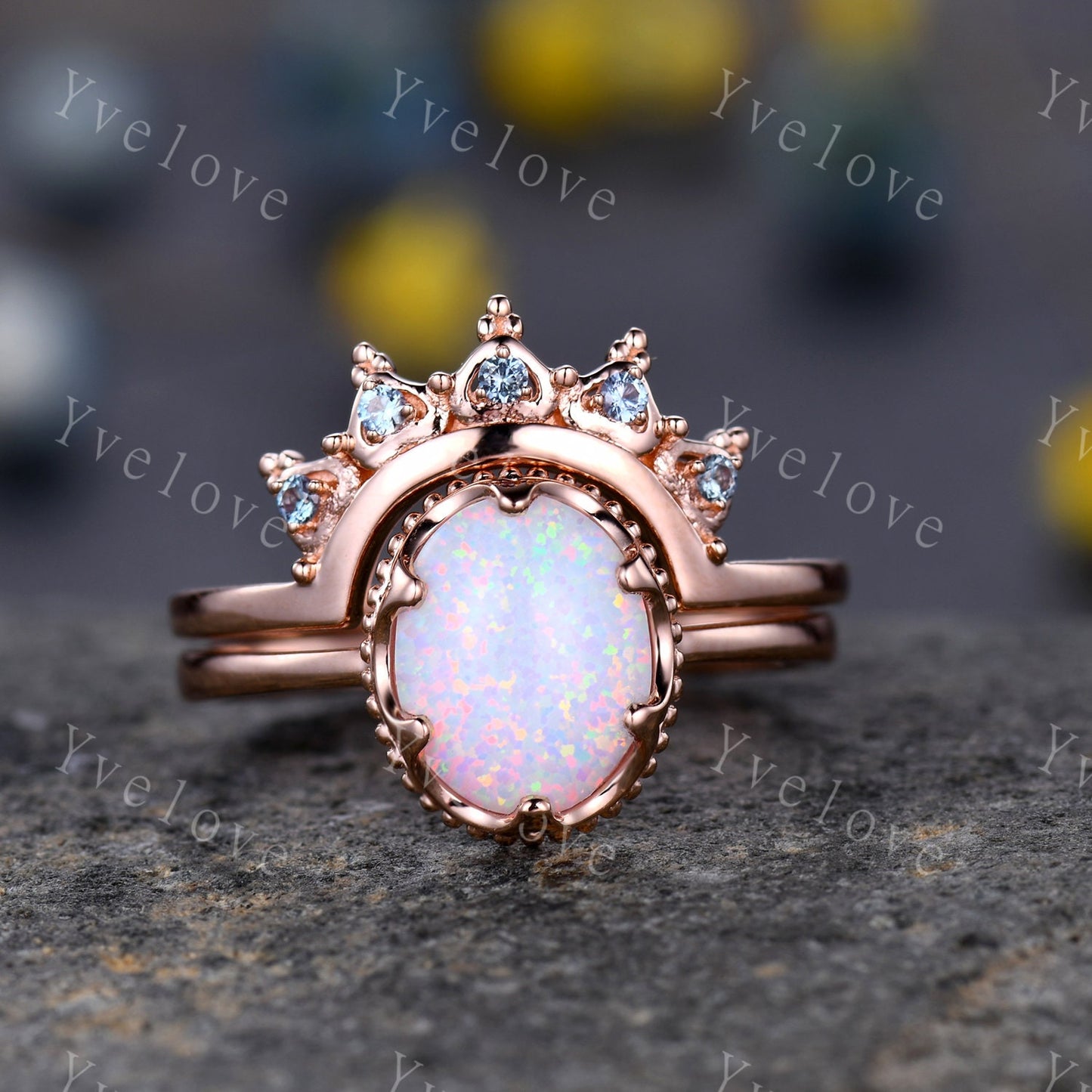 Oval Fire Opal Engagement Ring Set Chevron Alexandrite Crown Wedding Ring 14K /18K Art Deco Micro Pave Birthstone Gift Promise Wedding Ring