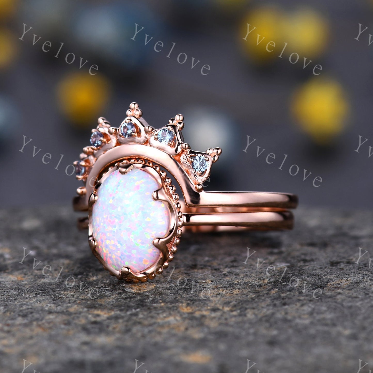 Oval Fire Opal Engagement Ring Set Chevron Alexandrite Crown Wedding Ring 14K /18K Art Deco Micro Pave Birthstone Gift Promise Wedding Ring