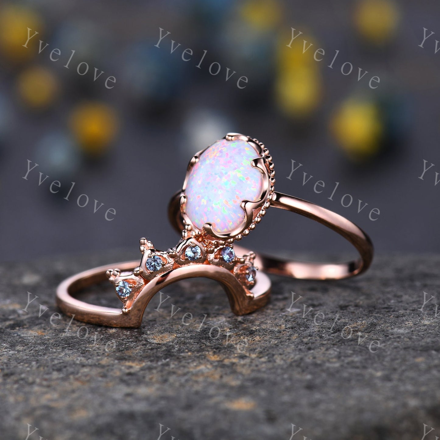 Oval Fire Opal Engagement Ring Set Chevron Alexandrite Crown Wedding Ring 14K /18K Art Deco Micro Pave Birthstone Gift Promise Wedding Ring