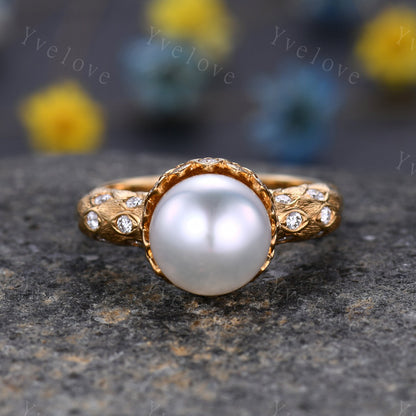 9mm Exquisite  Fresh Pearl Engagement Ring,Mother of Pearls,Natural Stone,Diamond Wedding band,Lotus ring,Statement ring,Her Wedding Jewelry