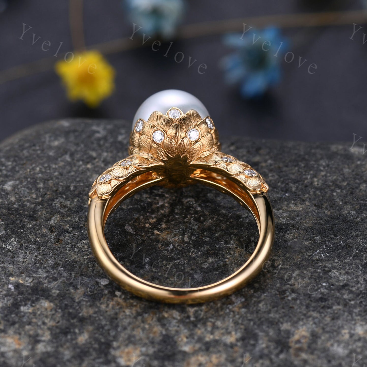 9mm Exquisite  Fresh Pearl Engagement Ring,Mother of Pearls,Natural Stone,Diamond Wedding band,Lotus ring,Statement ring,Her Wedding Jewelry